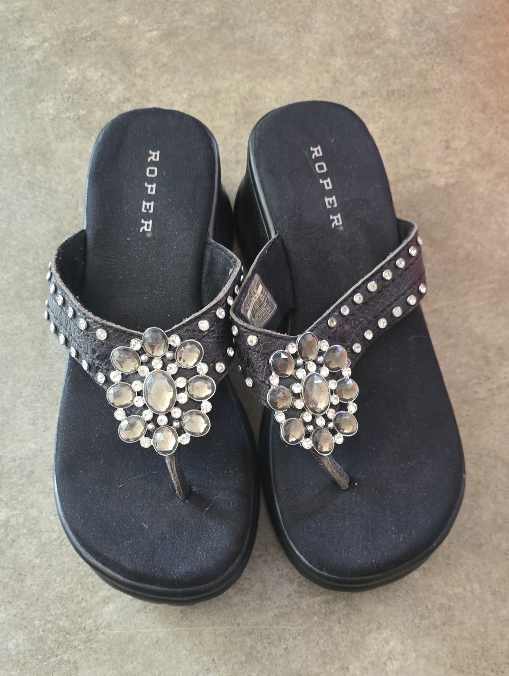 Roper Black Jeweled Thong Wedge Sandals
